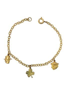 Gold Tone Irishman Clover Vintage Chain Bracelet, 6.75” Long E497